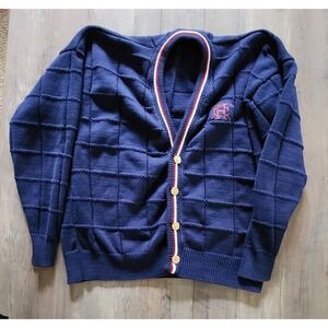 Vintage Hunt Club Button Up Classic Navy Blue Cardigan Sweater With Emblem Men L